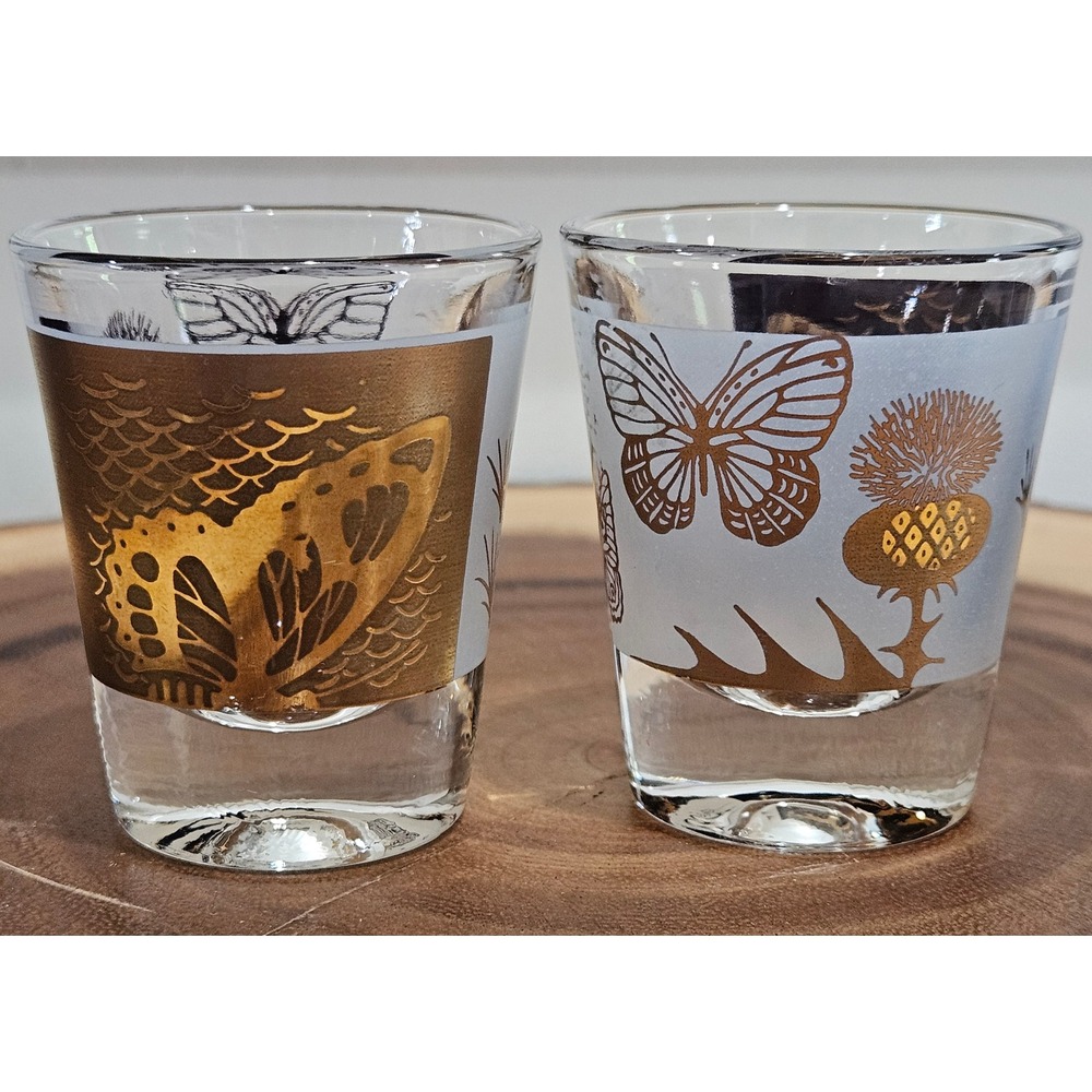 VTG Gold Butterfly Fred Press‎ MCM 22KT gold Shot Glasses Set of 2